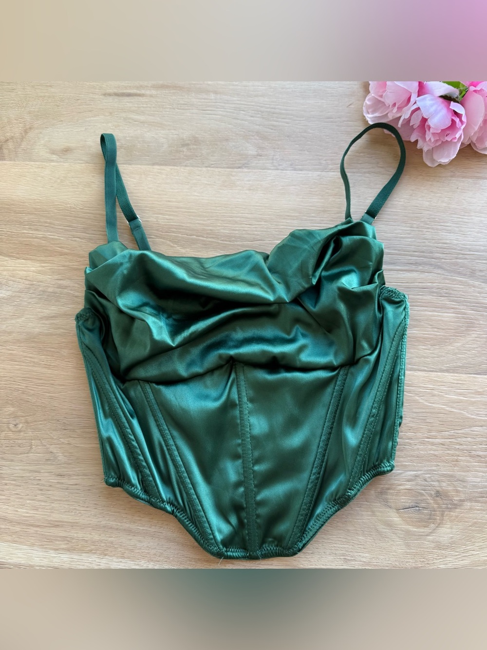 Urban Outfitters Emerald Satin Corset XS Green crop top sleeveless zip back